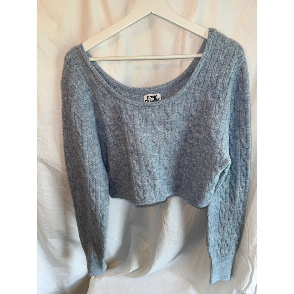 Future Collective Reese Blutstein Blue Cable Knit Cropped Sweater Womens Large